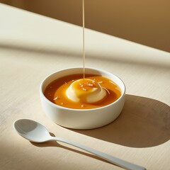 Caramel sauce being poured over dessert