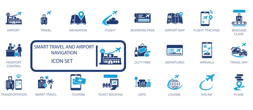 Smart travel and airport navigation icon set featuring flight tracking, boarding pass, passport control, baggage claim, ticket booking, and tourism app interface symbols.