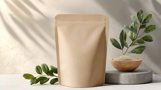 Empty beige stand-up pouch packaging with wooden spoon of sand beside green leaves on light background, eco product
