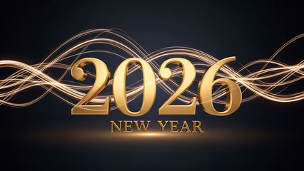 Golden 2026 new year text with elegant light trails on a dark background
