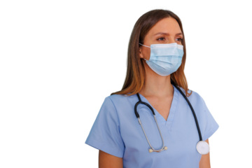 Female nurse wearing a medical mask and scrubs with a stethoscope, looking away with a transparent background