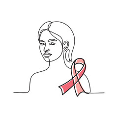Continuous Line Drawing of Woman with Pink Breast Cancer Ribbon