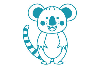 Cheerful blue outlined lemur stands smiling, showing his teeth and long striped tail © Shipon