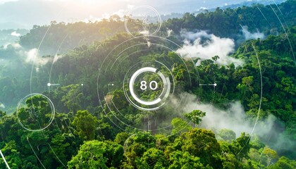 Aerial view of dense tropical rainforest in morning mist with digital monitoring data, showcasing technology for environmental analysis and ecological conservation