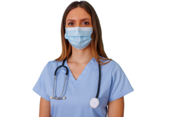 Female medical worker, nurse, or doctor, wearing blue scrubs, a surgical mask, and a stethoscope, standing on a transparent background