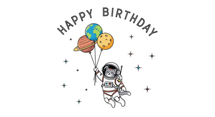 An adorable cat astronaut floating in space and holding planet-shaped balloons with "Happy Birthday" text for a cosmic celebration.