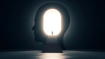 The Illuminating Gateway A Person Standing at the Threshold of a Bright Future Within a Human Head Silhouette