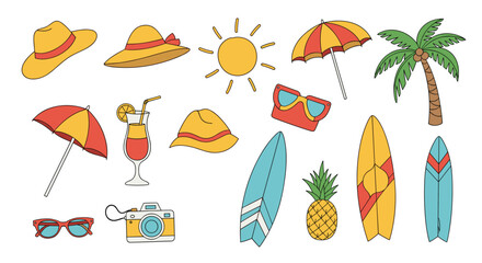 A collection of hand-drawn summer and beach vacation icons with a cute stitched outline effect, including surfboards, hats, and a camera.