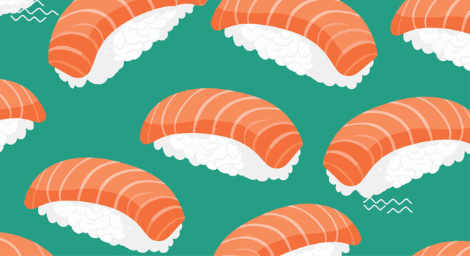 A delicious and modern seamless pattern of salmon nigiri sushi on a vibrant green background, perfect for a Japanese restaurant design.