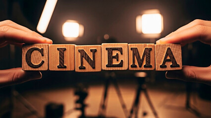 Hands Holding Cinema Blocks for the concept of film industry.