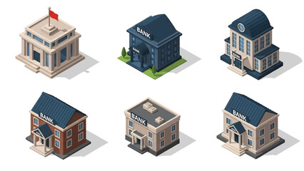 Isometric 3D vector illustration of bank buildings in various architectural styles, modern to classical, isolated on white, ideal for finance and city infographics © meeblues