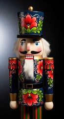 Close up of a highly detailed, handpainted wooden nutcracker figure featuring bright red floral ornamentation for winter display, painted, detailed, holiday