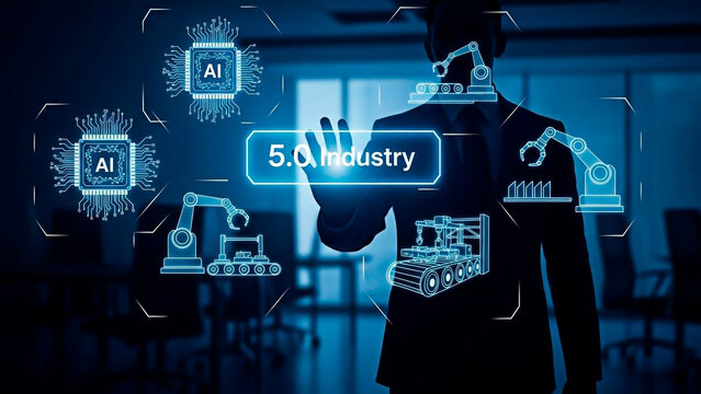 A man in a futuristic factory with concept of Industry 5.0 and AI technology.