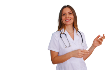 Female doctor smiling, wearing lab coat and stethoscope, making a presentation gesture with hand, transparent background