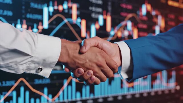 Business handshake over digital stock market data screen showing financial growth and trading charts, 4k