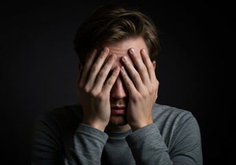 Subject covering their eyes and forehead with their hands, expressing intense feelings of awkwardness, deep shame, and total embarrassment, blush, embarrassment, failure