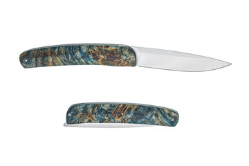 Obraz premium Folding pocket knife featuring a unique blue and gold-toned stabilized wood burl handle, shown in both open and closed positions against a white back