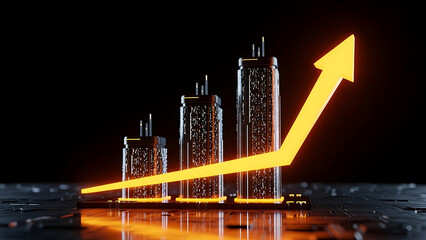 Abstract 3D rendering of a rising arrow graph composed of illuminated rectangular prisms, symbolizing financial growth and economic progress