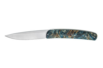 Custom folding pocket knife featuring a unique blue and gold-toned stabilized wood burl handle and a polished steel blade, isolated on a white back