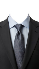 Elegantly tailored dark suit jacket with a pristine light blue dress shirt and a sophisticated gray textured tie, embodying professional readiness and refined business style