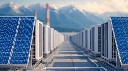 Obraz premium Scalable AI infrastructure, Rooftop solar panels with mountains in the background, showcasing renewable energy and modern technology in an industrial setting.