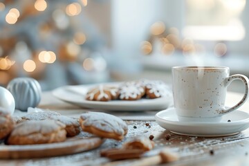 On a warm, inviting Christmas table, leftover cookies and mugs create a cozy scene. The soft glow of holiday lights adds to the cheerful atmosphere of the season