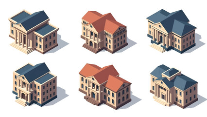 Isometric 3D vector illustration of courthouse buildings in various architectural styles, legal institutions isolated on white, ideal for justice infographics