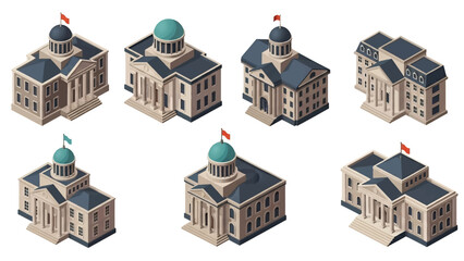 Isometric 3D vector illustration of courthouse buildings in various architectural styles, legal institutions isolated on white, ideal for justice infographics