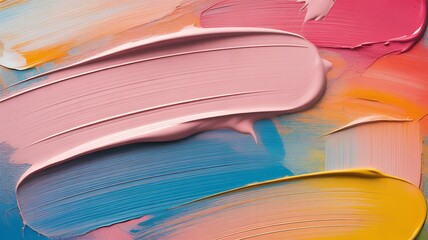 Thick impasto paint texture with vibrant pink blue and yellow strokes on a canvas