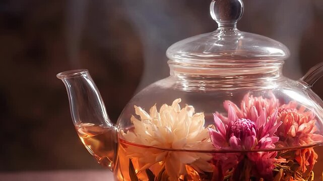 Glass teapot filled with colorful chrysanthemum flowers brewing tea, steam rising, floral herbal infusion
