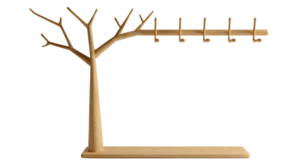 Wooden tree design coat rack offering natural aesthetic and functional storage solution on transparent background