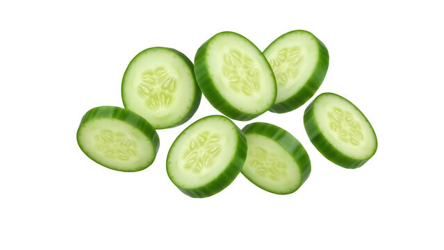 Fresh cucumber slices isolated PNG, vibrant green vegetable pieces on transparent background for healthy eating and cooking concepts