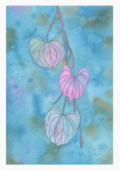 Watercolor branch with pink leaves, watercolor blue branch illustration
