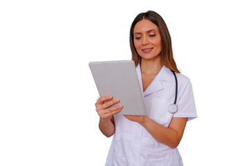 Female doctor using digital tablet for medical consultation, reviewing patient records, digital healthcare and telemedicine, transparent background