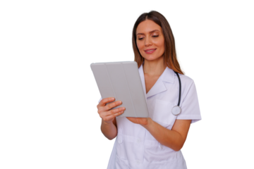Female doctor using digital tablet for medical consultation, reviewing patient records, digital healthcare and telemedicine, transparent background