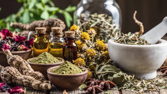 Herbal medicine ingredients with mortar and pestle on rustic wood, 4k