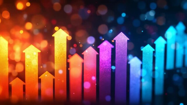 Colorful rising bars with arrows representing growth and success in business.