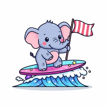 A cute cartoon elephant surfer riding a wave with a flag in a playful ocean scene