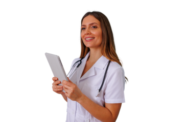 Female doctor holding a digital tablet and smiling, wearing a white coat with stethoscope, transparent background