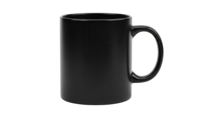 Matte black ceramic mug isolated PNG on transparent background, minimalist coffee cup for hot beverages and promotional branding mockups