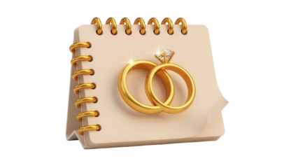 Golden wedding rings on calendar isolated PNG, marriage date reminder for engagement anniversary and save the date cards