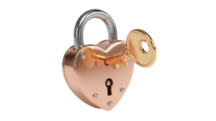 Heart-shaped padlock with key isolated PNG, golden love lock with silver shackle on transparent background, symbol of romance and security