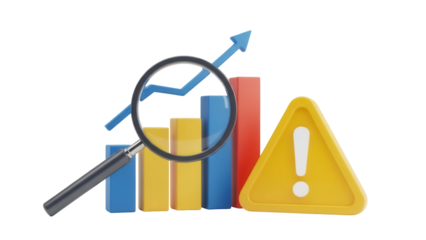 Financial risk analysis PNG isolated on transparent background, business chart with magnifying glass and warning sign for investment