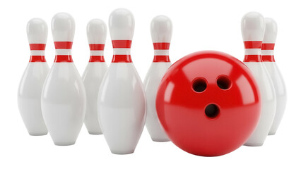 Bowling ball and pins PNG isolated on transparent background, red ball with finger holes and white pins with red stripes