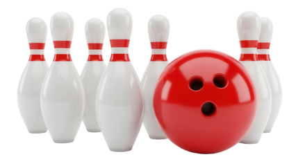 Bowling ball and pins PNG isolated on transparent background, red ball with finger holes and white pins with red stripes