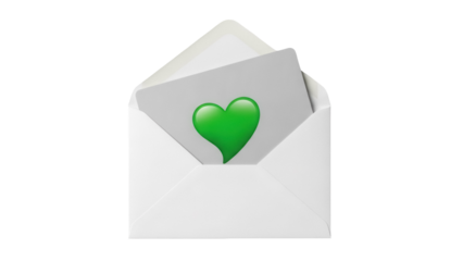 Open white envelope with green heart isolated PNG, love letter concept for Valentine s Day and romantic messages on transparent background