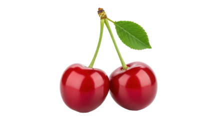 Two red cherries with stem and leaf isolated PNG, fresh summer fruit on transparent background for healthy eating and dessert concepts