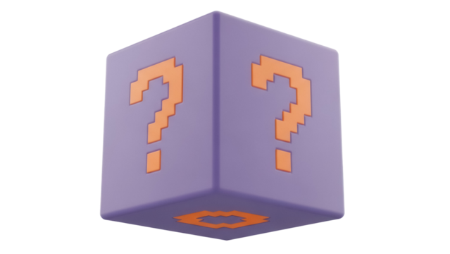Purple question mark block PNG isolated on transparent background, 3D pixelated cube with orange question marks for gaming and design use - Powered by Adobe