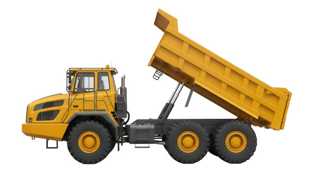 Yellow articulated dump truck PNG isolated on transparent background, heavy construction equipment for mining and earthmoving projects