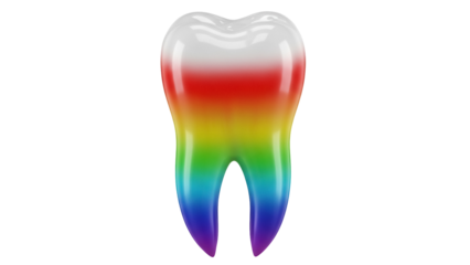 Rainbow colored tooth isolated PNG on transparent background, dental health and pride concept for dentistry and orthodontics
